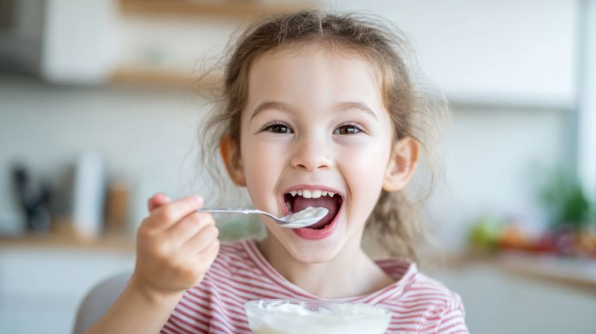 Dievčatko je jogurt lyžicou v kuchyni. Šťastné dieťa si užíva zdravé mliečne občerstvenie. Raňajky v domácnosti a koncept výživy pre vývoj detí a rodinný čas na jedlo. Helicobacter u deti a špecifická strava.