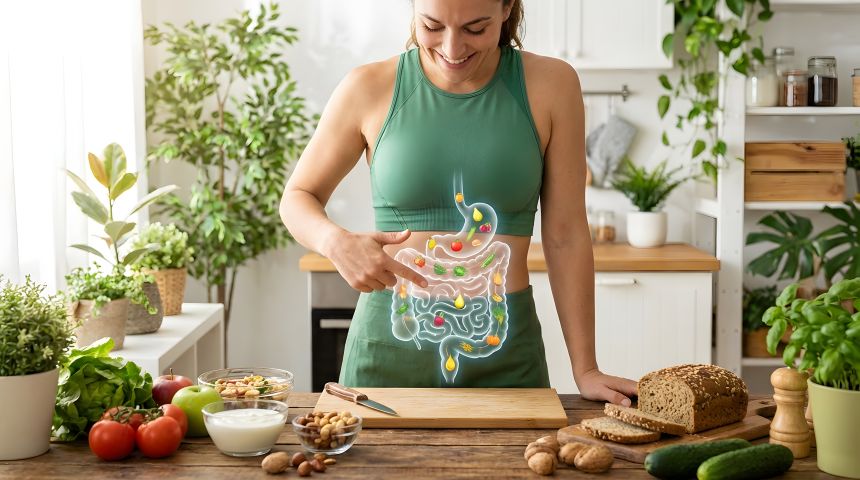 Fit žena ukazuje na grafickú anatómiu svojho tráviaceho systému a črevného traktu obklopenú výživnými organickými potravinami, pričom zdôrazňuje probiotickú pohodu, vyváženú stravu a zdravie čriev.